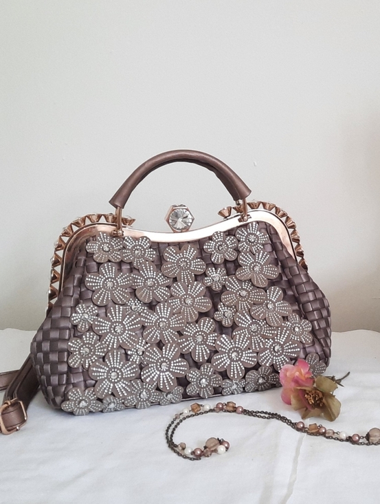 Handbags - Taupe Satin Hand/Shoulder Bag, Gold Toned, Large Rhinestones, Flower Cutouts